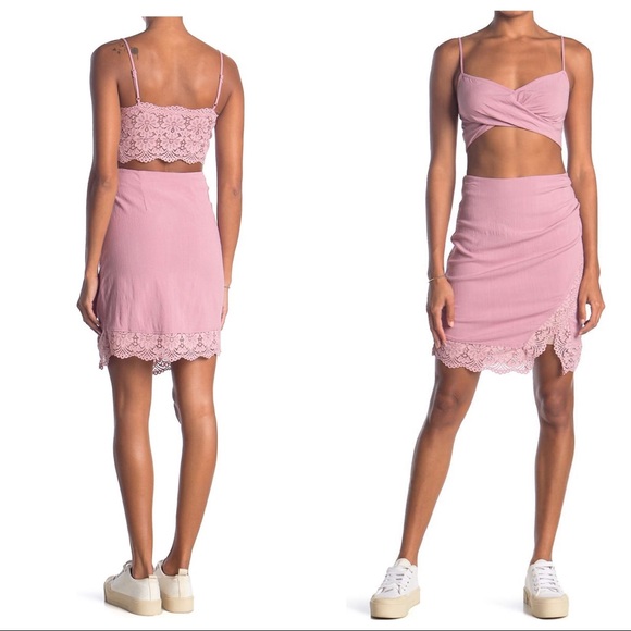 FREE PEOPLE BOHO KNIT MINI SKIRT CAMI TANK CROP TOP BOHEMIAN 2 PIECE SET A3C - Picture 3 of 16